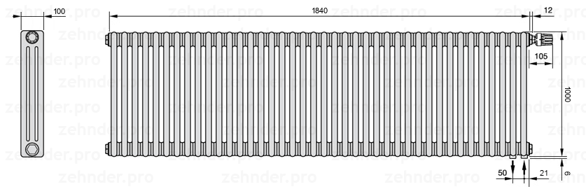 Схема (чертеж) Радиатор Zehnder Charleston 3100/40 №V002 Белый глянцевый RAL 9016